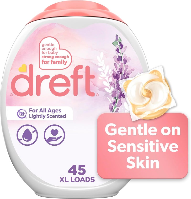 Dreft Laundry Detergent Pacs, Lightly Scented, Lavender, For Baby and Family, XL Pacs, 45 Count - Image 1